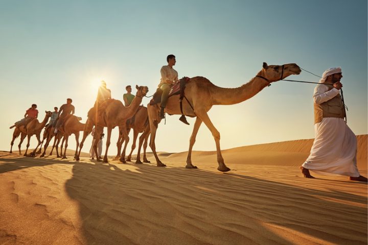Famille à dos de dromadaire dans le désert d'Abu Dhabi